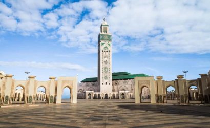Hassan II Mosque exterior in Casablanca overlooking the Atlantic Ocean